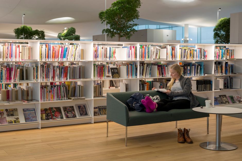 A quiet library with a man standing, surrounded by book-filled wooden shelves.